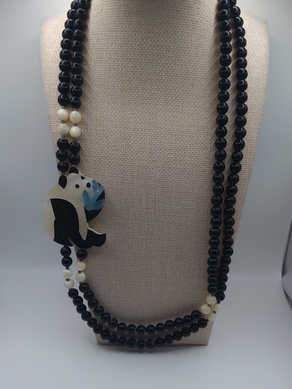Lee Sands Panda Mother of Pearl and Black Glass Inlay Pendant Necklace